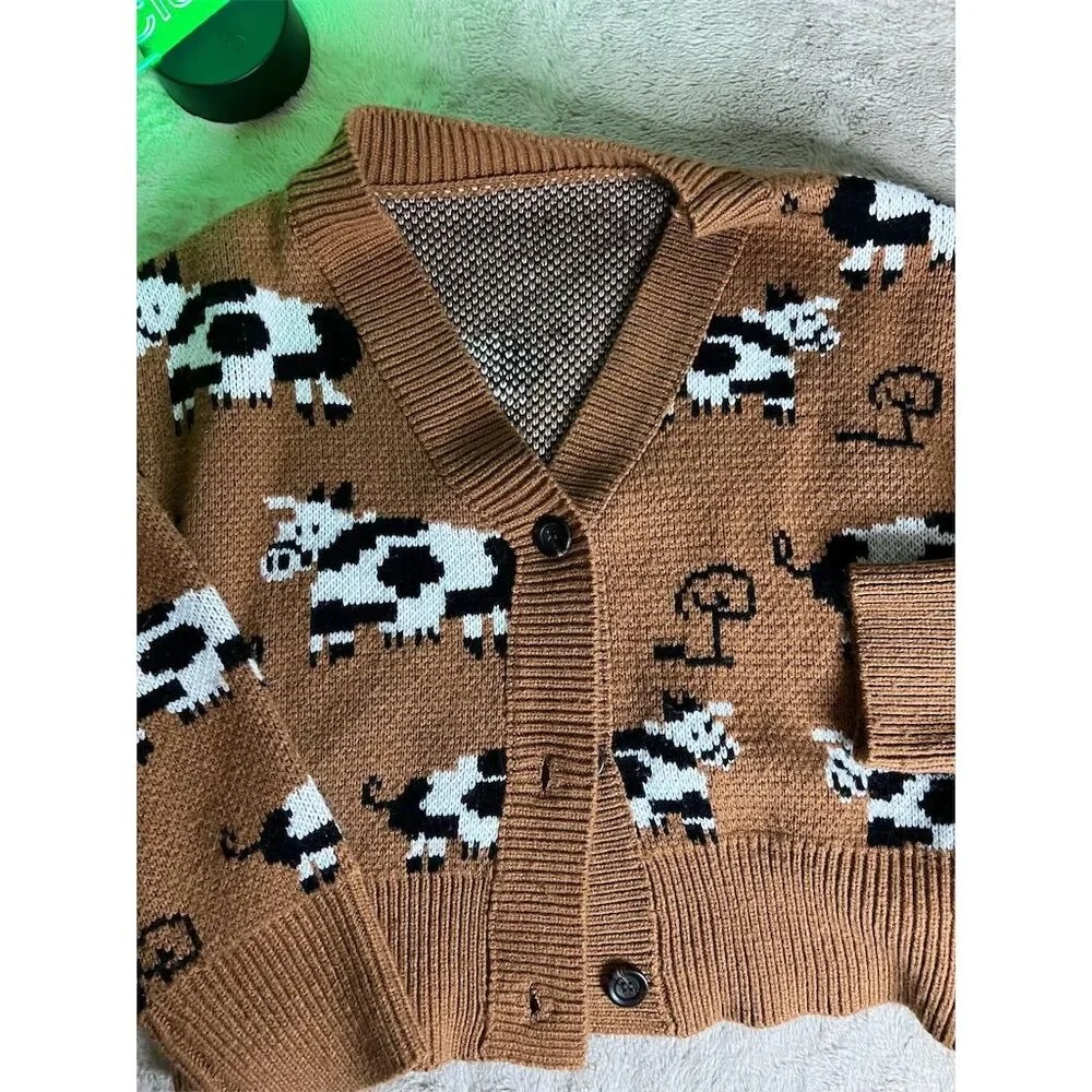 ROMWE Women's Kawaii Cow Print Button Front Cardigan Brown Size M - Picture 3 of 8
